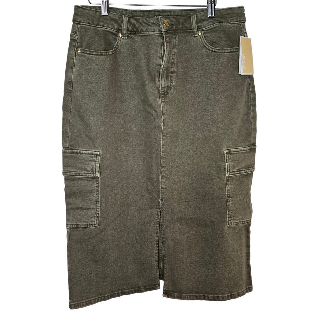 NWT Michael Kors Women's Olive Knee-Length Green Denim Cargo Skirt, Size 12
